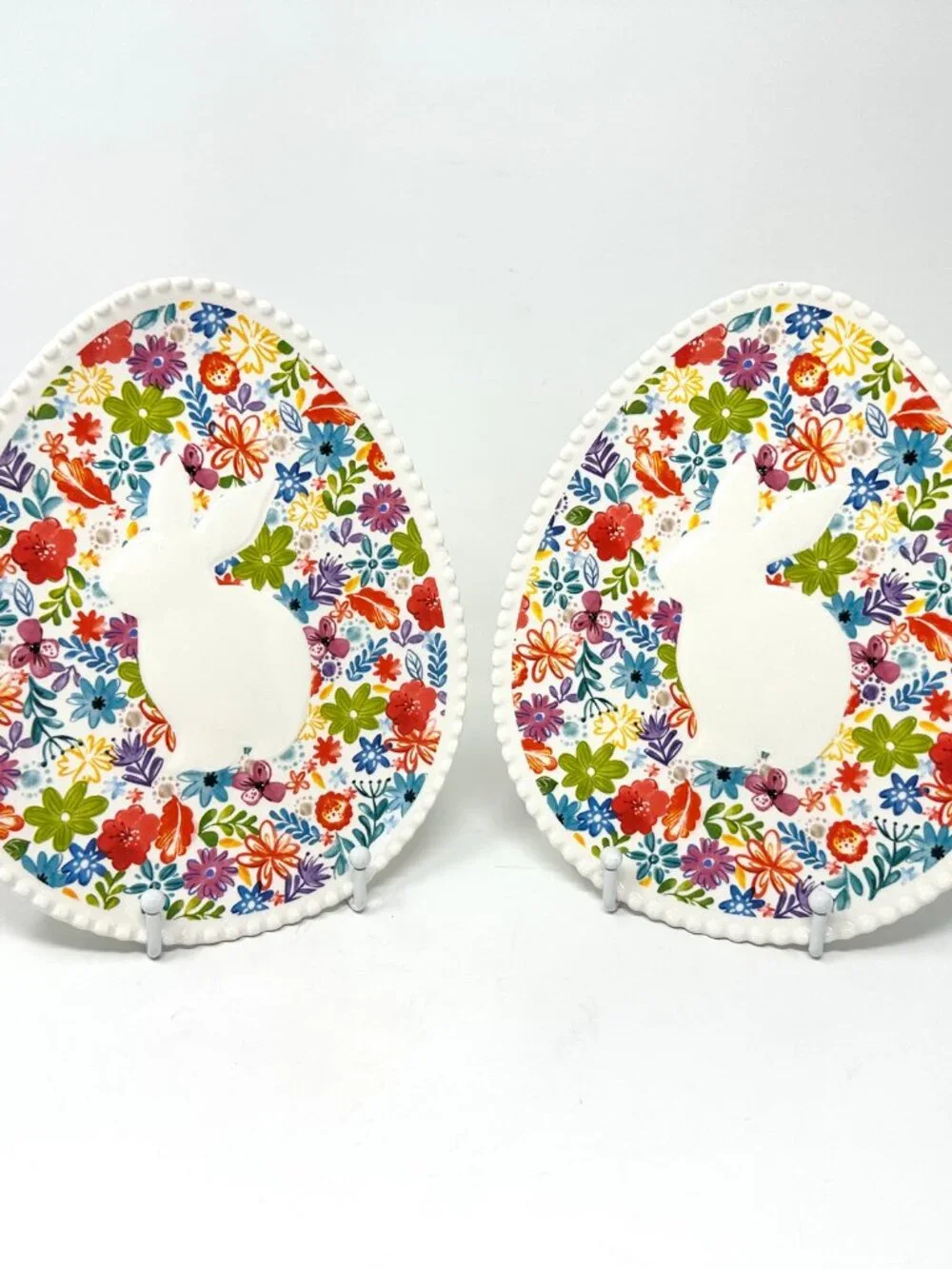 Pier 1 Ironstone Easter Floral Egg Shaped Dish Bunny Silhouette Pair of 2 NWT